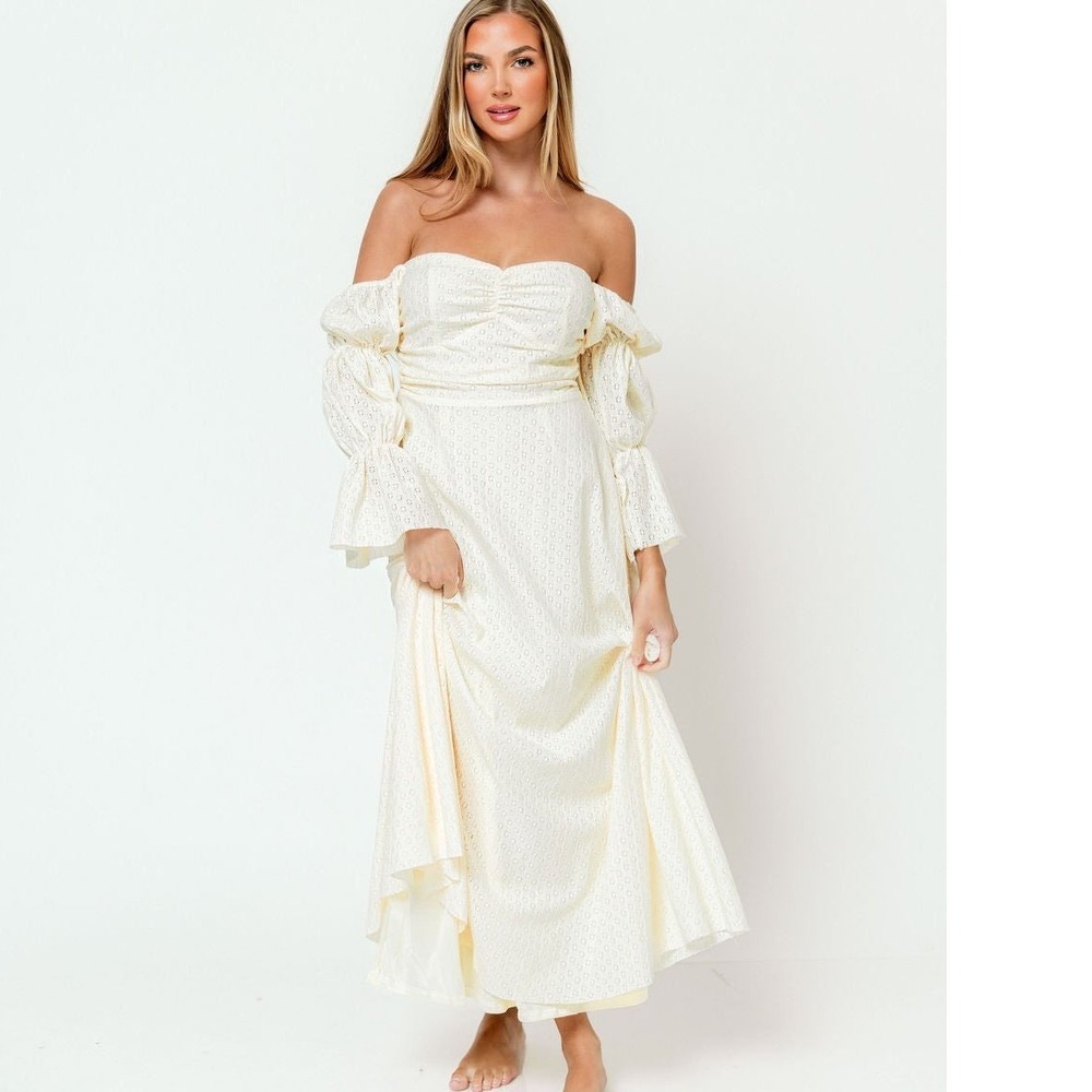 Off-Shoulder Cream Maxi Dress with Puff Sleeves